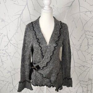 Nado Gray 25% Wool Knit Faux Wrap Ruffle Edge Sweater